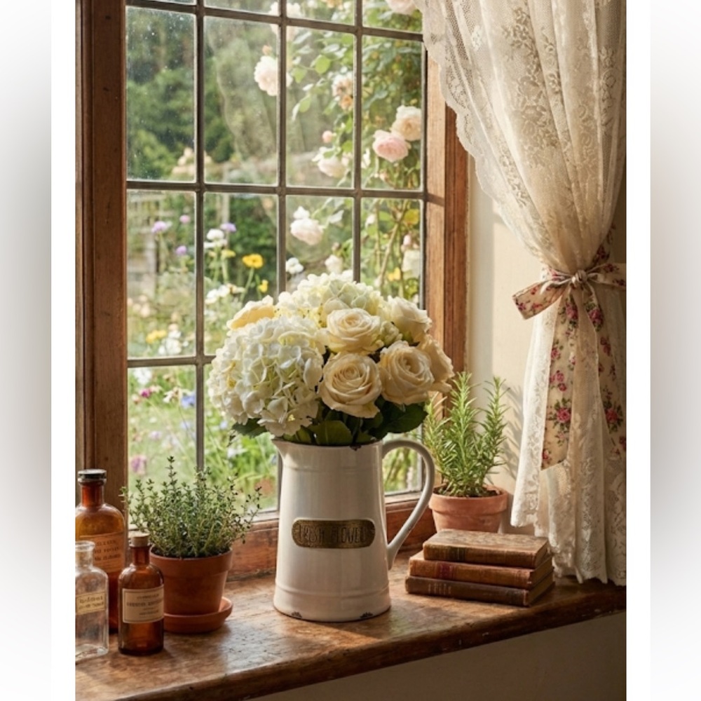 Melrose International "Fresh Flowers" Distressed White Ceramic Pitcher - 5.25"